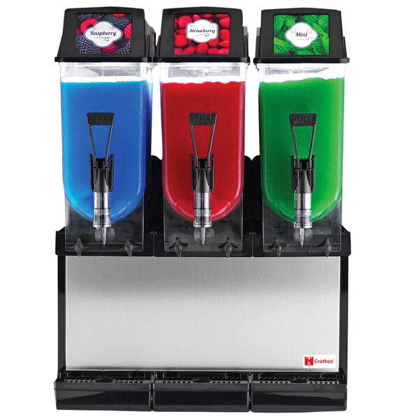 A Crathco FROSTY 3 granita machine with blue, green, and red liquid in the containers.