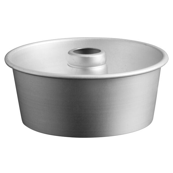 An American Metalcraft anodized aluminum round silver pan with a hole.
