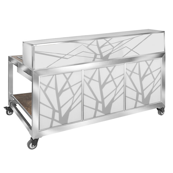 An Eastern Tabletop silver and white foldaway bar with a white surface and silver tree design.