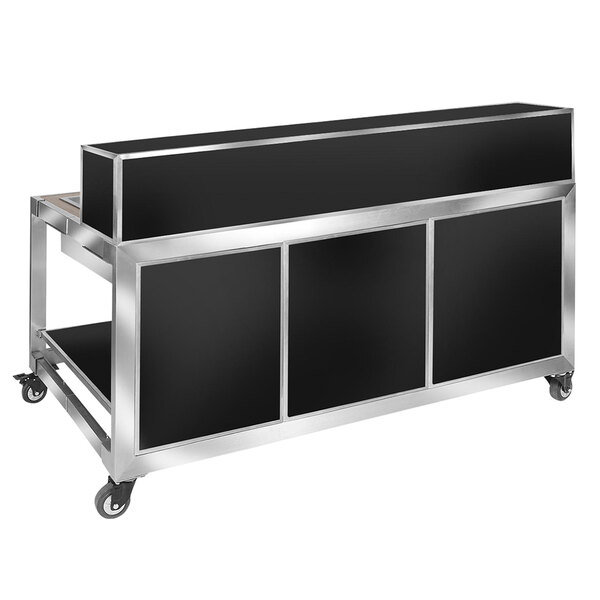 A black and silver Eastern Tabletop foldaway bar cart on a counter.