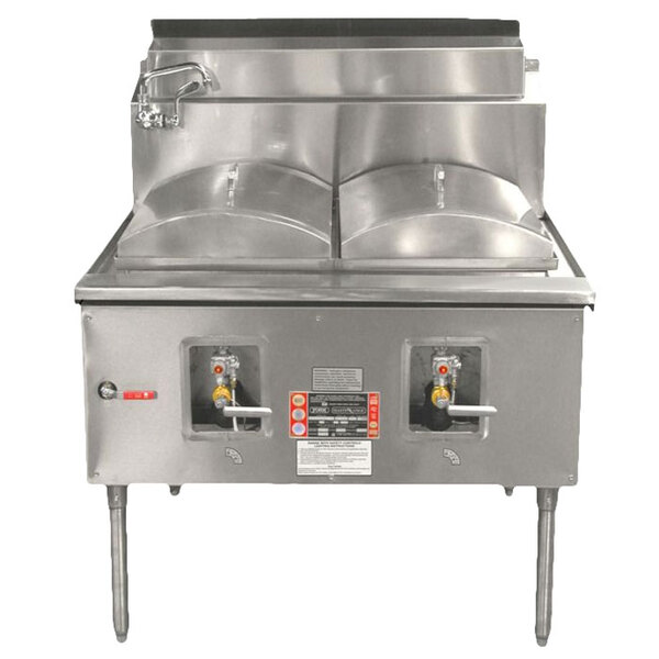 A Town natural gas cheung fun noodle range with a stainless steel pot on one burner.