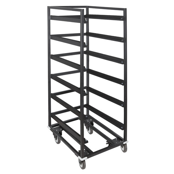 A black metal cart with wheels and tile storage shelves.