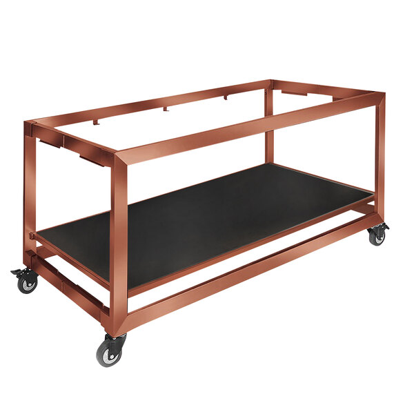 A copper stainless steel Eastern Tabletop foldaway serving cart with black wheels.