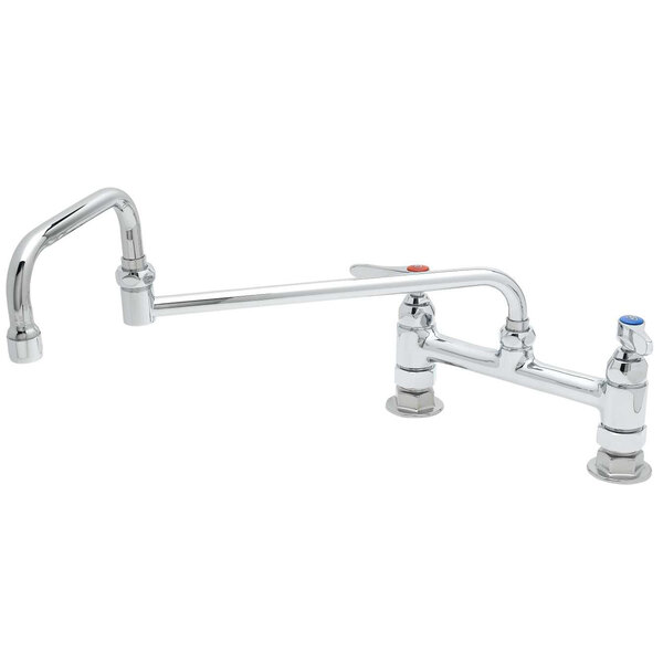 A T&S chrome deck-mounted faucet with double jointed swing nozzle and lever handles.