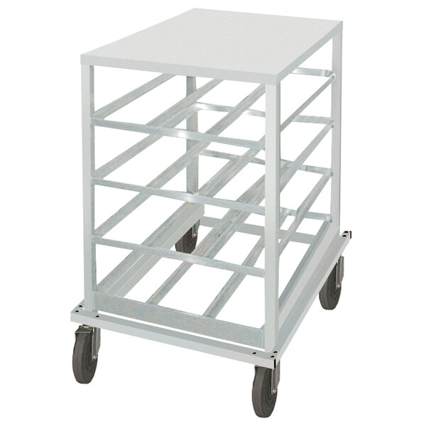 A white metal cart with black wheels and four aluminum shelves.