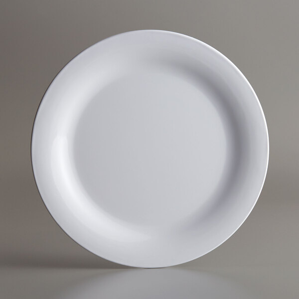 An American Metalcraft Jane Collection white melamine plate with a round white rim on a gray surface.