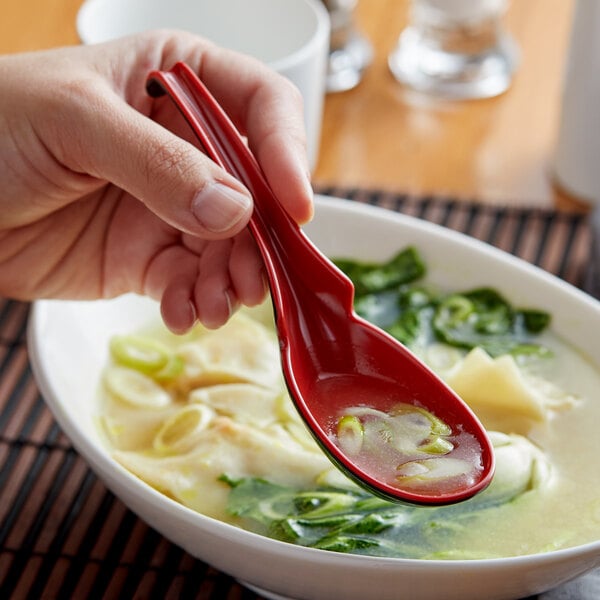 A person holding a red Thunder Group wonton soup spoon over a bowl of soup.