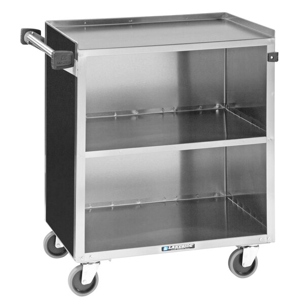 A Lakeside stainless steel utility cart with three black laminate shelves on wheels.