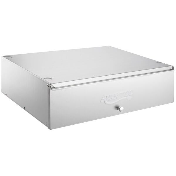 An Avantco stainless steel box with a handle and a lid on top.