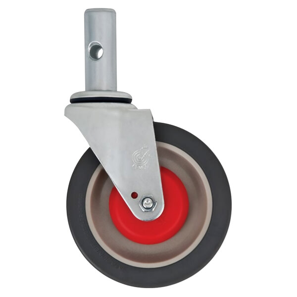 A close-up of a red Magliner polyurethane caster wheel with a black base.