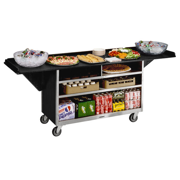 A black Lakeside beverage service cart with food and drinks on it.