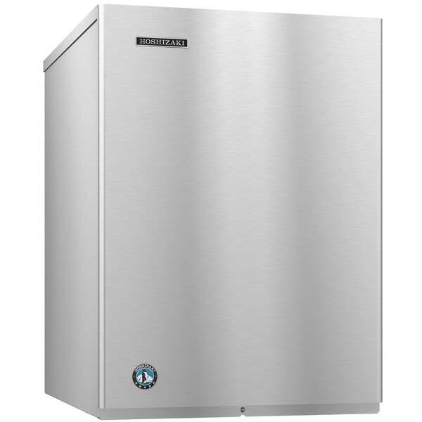 A stainless steel Hoshizaki water cooled ice machine with a stainless steel door.
