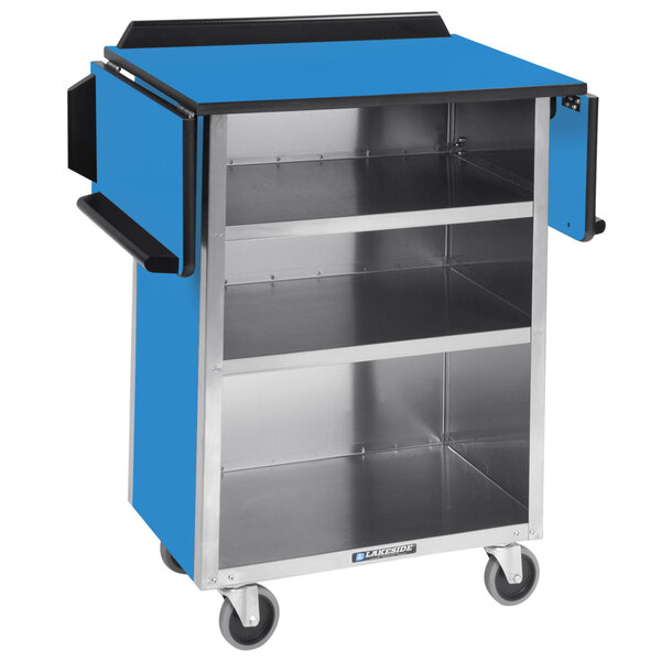 A blue and silver Lakeside stainless steel beverage cart with drop leaves and wheels.