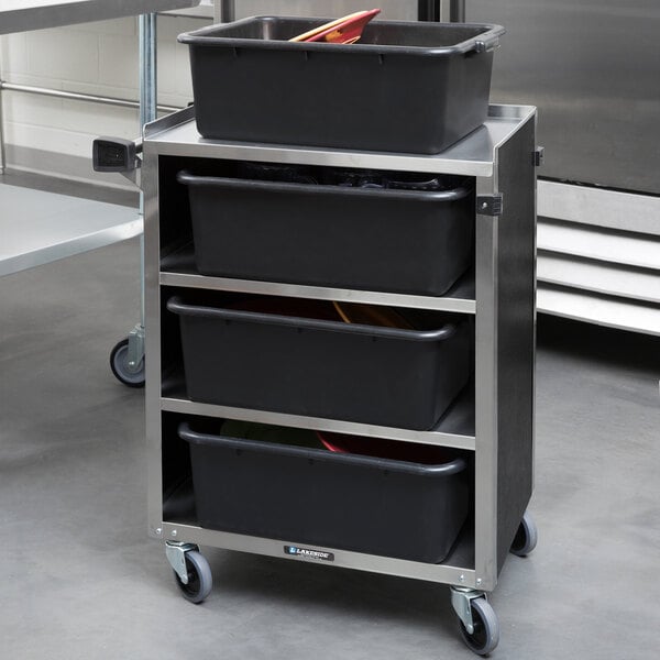 A black Lakeside utility cart with a stainless steel frame holding black bins.