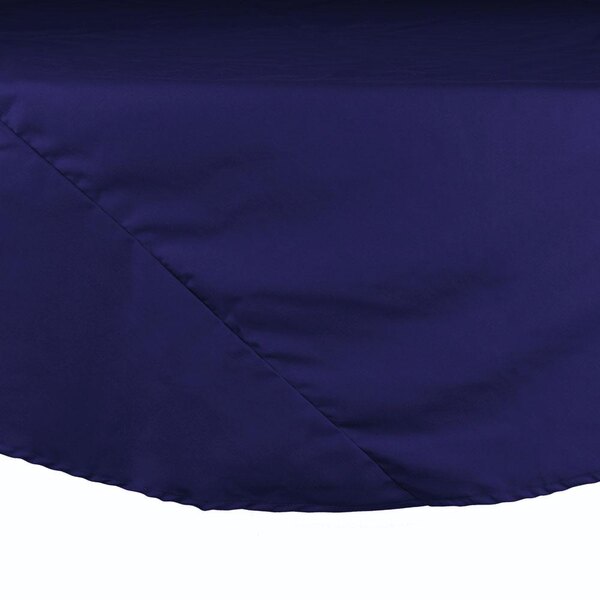 A navy blue Intedge poly/cotton round table cloth on a table.