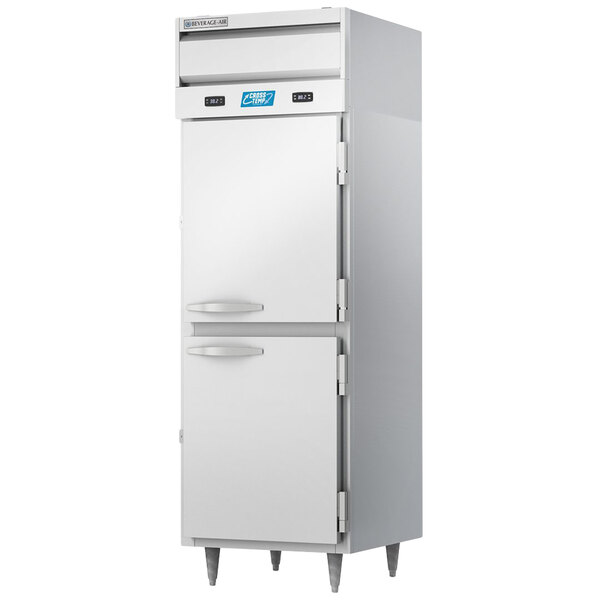 A white Beverage-Air refrigerator with two half doors.