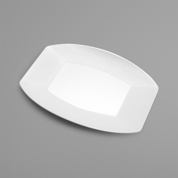 A white rectangular melamine tray with a curved edge.