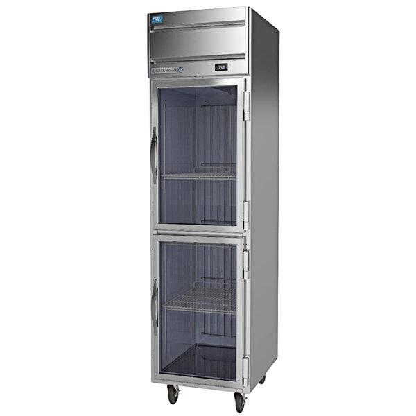 A Beverage-Air stainless steel Cross-Temp refrigerator/freezer with half glass doors.