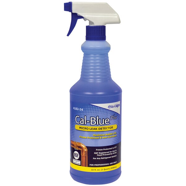 A blue bottle of Nu-Calgon Cal-Blue Plus Micro Leak Detector with a white label and handle.
