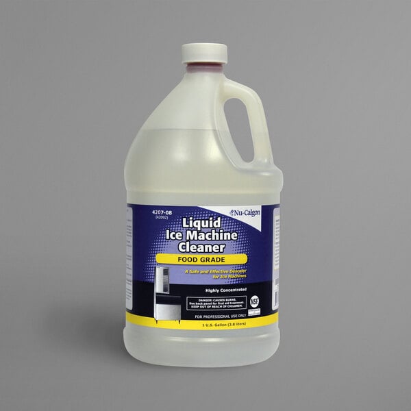 A white plastic jug of Nu-Calgon Food Grade Liquid Ice Machine Cleaner with a handle and label.