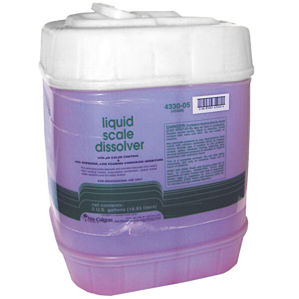 A purple and white container of Nu-Calgon Liquid Scale Dissolver.
