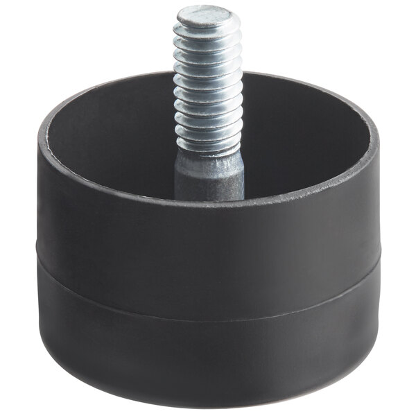 A black round plastic foot with a bolt in it.