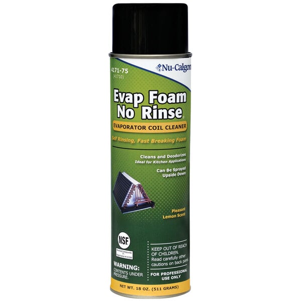 A black and green Nu-Calgon Evap Foam No Rinse aerosol can.