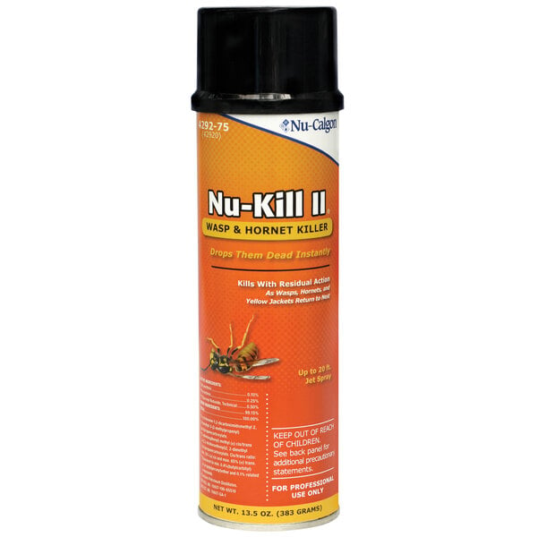 A close-up of a white and blue Nu-Kill Max Strike aerosol can with a yellow label.