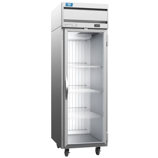 A Beverage-Air Cross-Temp refrigerator/freezer with glass door and shelves.