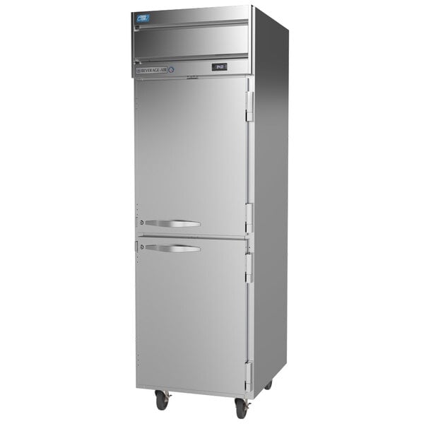 A stainless steel Beverage-Air Cross-Temp refrigerator / freezer on wheels with half doors.