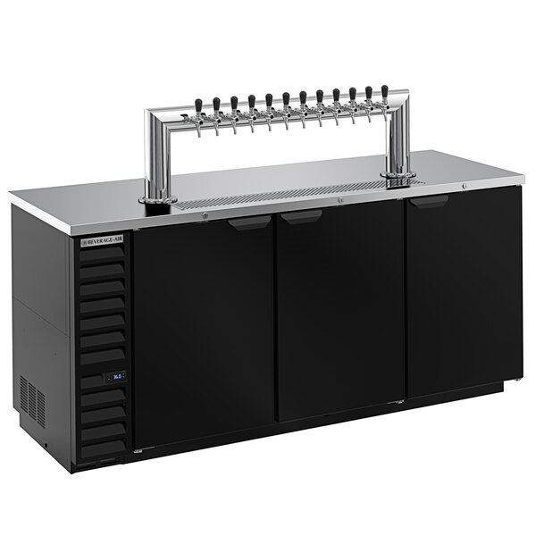 A black Beverage-Air kegerator with a silver tap handle on a black counter.