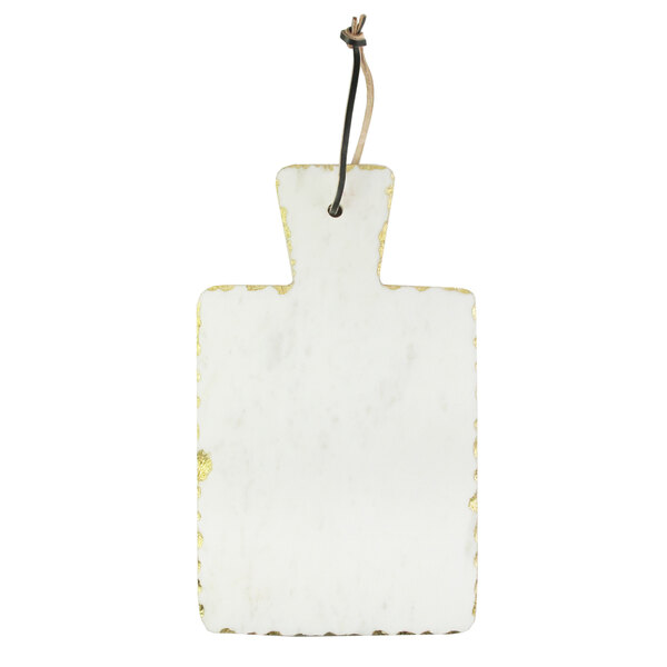 An American Atelier white marble cutting and serving board with a black handle.