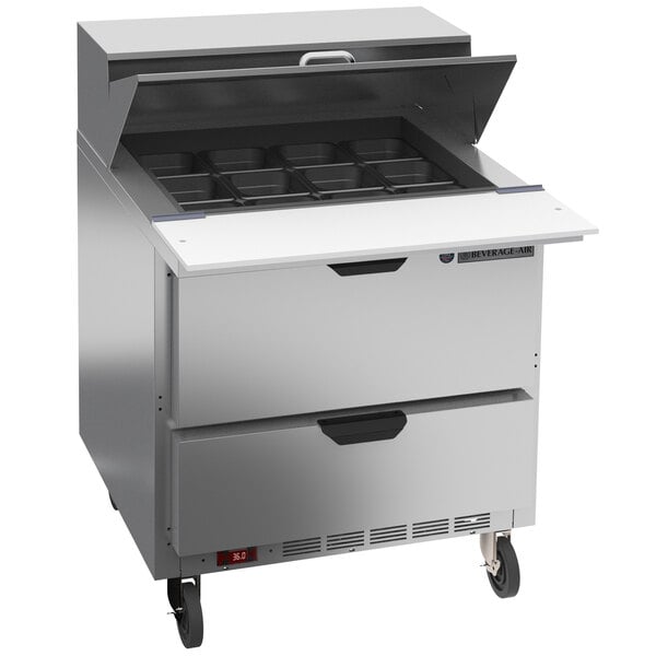 A stainless steel Beverage-Air refrigerated sandwich prep table with 2 drawers.