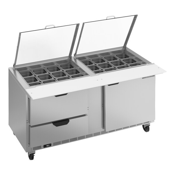 A Beverage-Air sandwich prep table with clear lids open over two drawers.