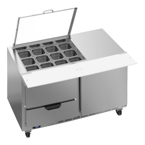 A Beverage-Air stainless steel refrigerated sandwich prep table with clear lids open on two drawers.