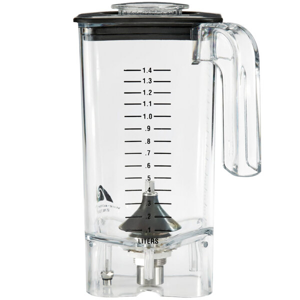 A clear Hamilton Beach AirWhip blender jar with a black handle and measuring cup lid.