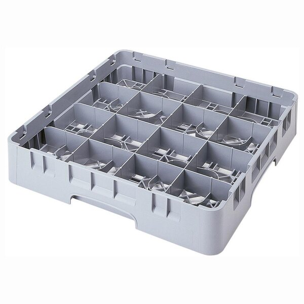 A soft gray plastic Cambro glass rack with many compartments.