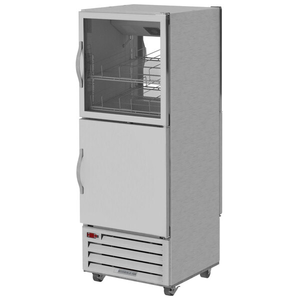 A silver Beverage-Air reach-in refrigerator with a glass door open.