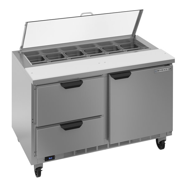 A Beverage-Air refrigerated sandwich prep table with two drawers and a clear glass top.