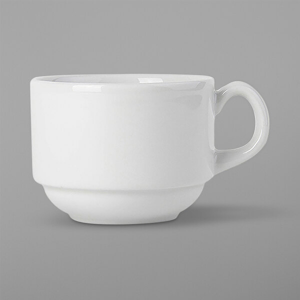A Tuxton bright white china cup with a handle.