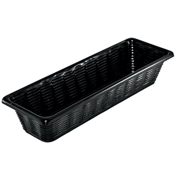 A black rectangular Marco Company wicker-look plastic basket with a handle.