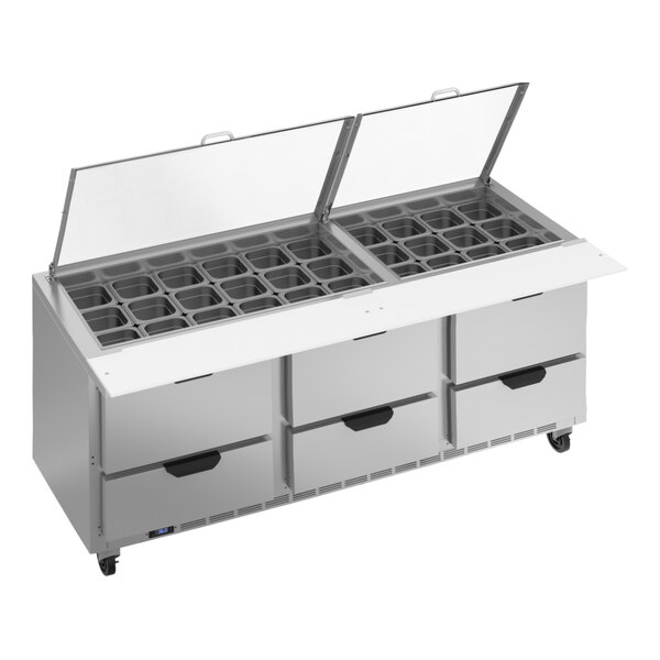 A Beverage-Air Elite Series refrigerated sandwich prep table with clear lids over six drawers.