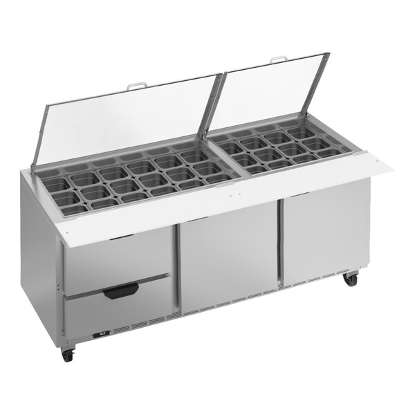 A Beverage-Air refrigerated sandwich prep table with clear lid on a counter.