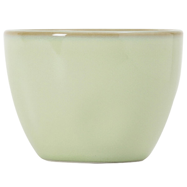 A white bowl with a green sagebrush pattern on the inside and a brown rim.