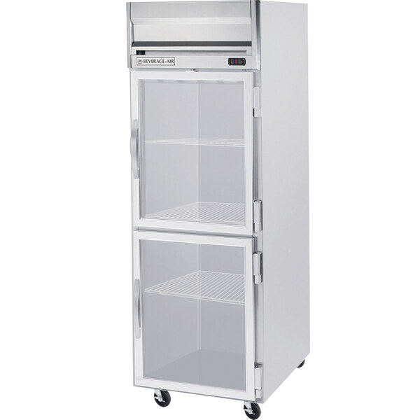A Beverage-Air reach-in refrigerator with half glass doors.