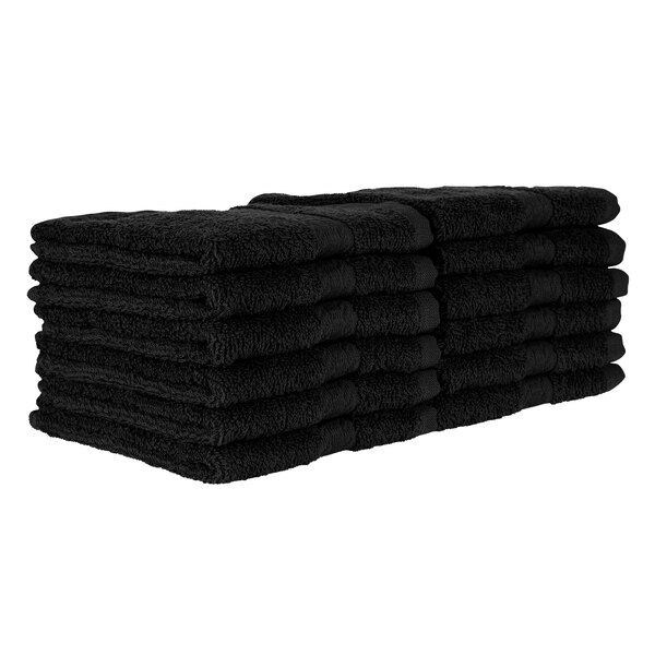 A stack of Monarch Brands black wash cloths.