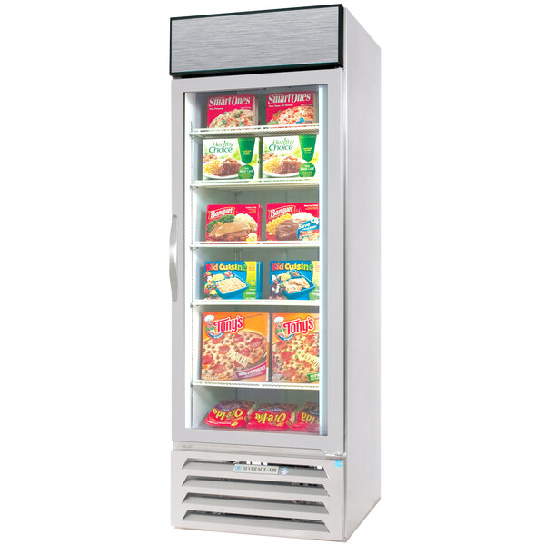 A Beverage-Air white glass door merchandising freezer filled with boxes of food.