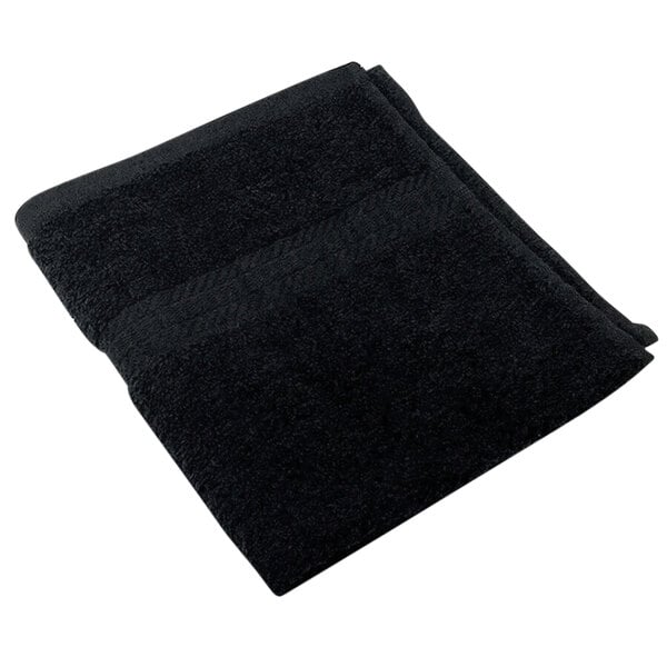 A folded black Monarch Brands True Colors hand towel on a white background.