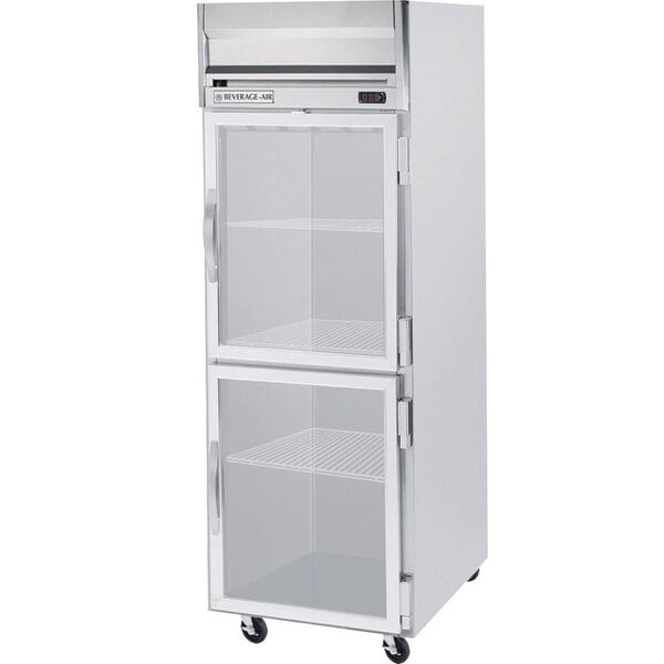 A white Beverage-Air reach-in refrigerator with half glass doors.