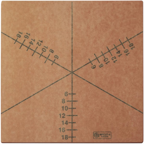 A brown square American Metalcraft pizza slice cutting guide with black lines and numbers for 6 slices.